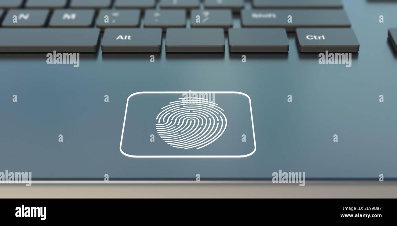 Empreinte digitale sur un ordinateur portable. Authentification biométrique, contrôle d'accès, concept de sécurité. Illustration 3D Banque D'Images