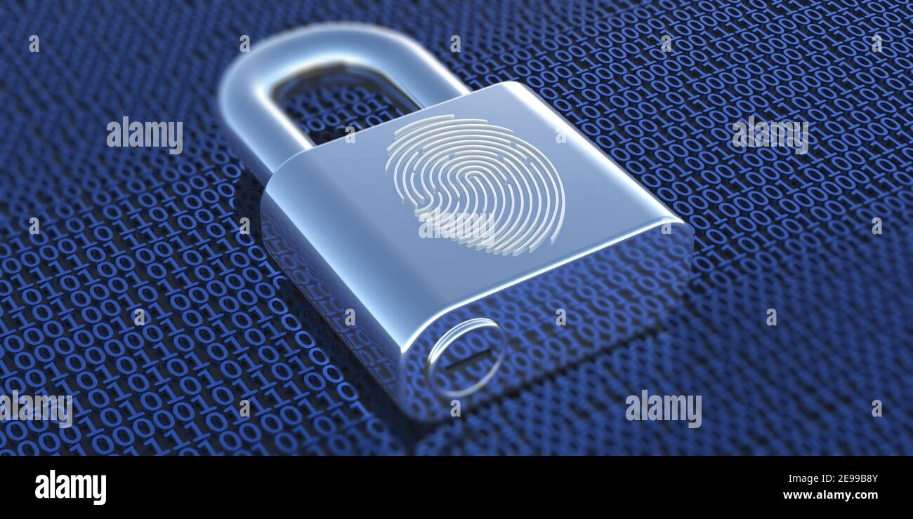 Interface d'empreintes digitales, lecteur de mot de passe, cadenas pour intelligence artificielle. Technologie futuriste de la cybersécurité. Authentification numérique, biométrique a Banque D'Images
