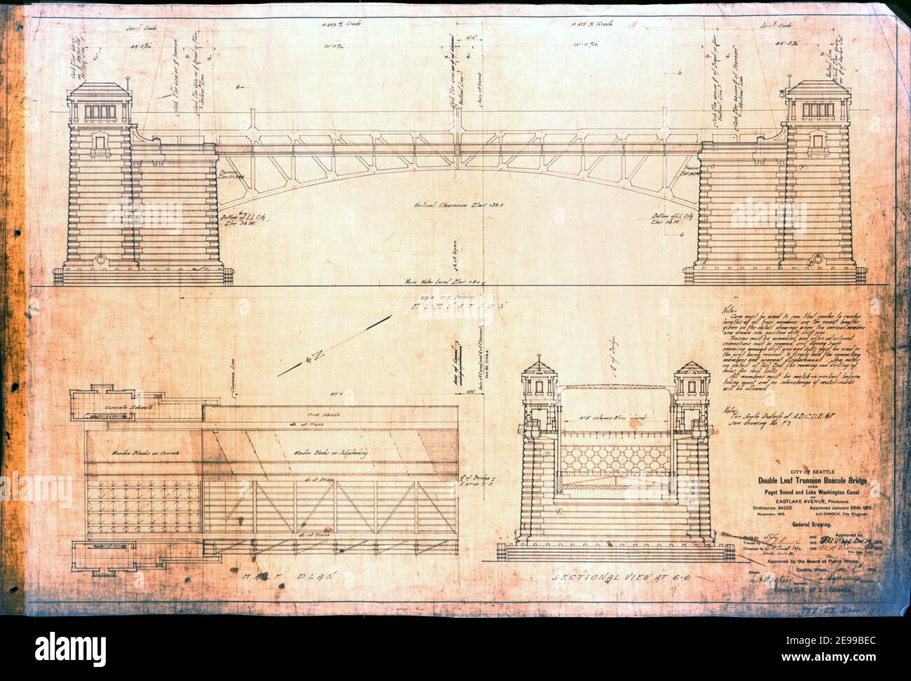 Blueprint of University Bridge, Seattle, WA, États-Unis, Double Leaf Trunnion Bascule Bridge, 1915 Banque D'Images