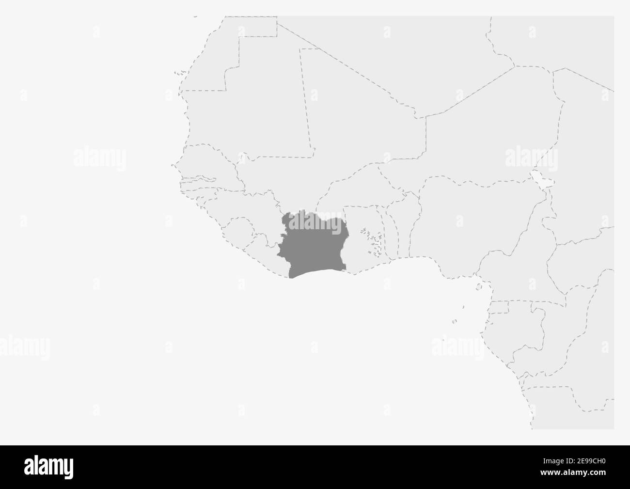 Carte de l'Afrique avec carte de la Côte d'Ivoire mise en évidence, carte grise de la Côte d'Ivoire avec les pays voisins Illustration de Vecteur