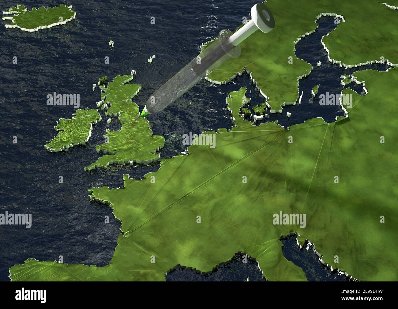 Une photo CGI carte 3D réaliste de l'Europe entourée par la mer avec une grande seringue en dehors du Royaume-Uni, image concept pour les vaccinations Covid-19 . Banque D'Images