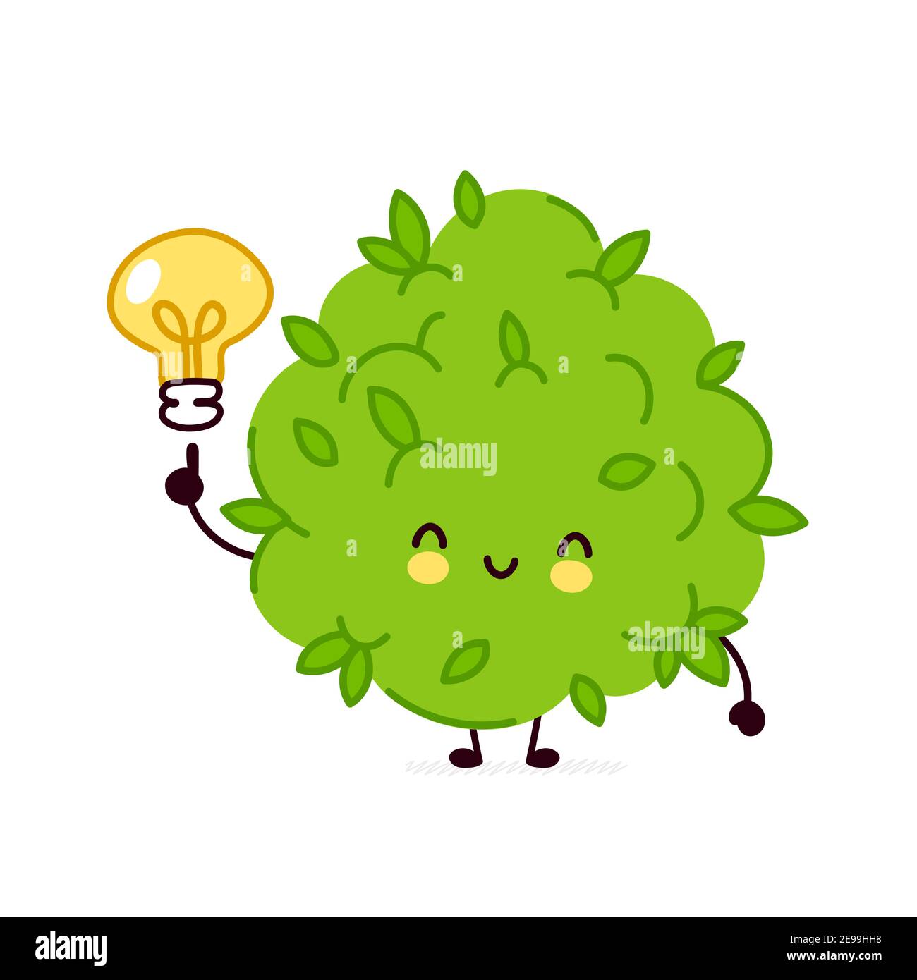 Adorable bourgeons de mauvaises herbes de marijuana drôle avec ampoule d'idée. Icône d'illustration de personnage de dessin animé kawaii à lignes planes vectorielles. Isolé sur fond blanc. Concept de mascotte de personnage de visage de mauvaises herbes Illustration de Vecteur