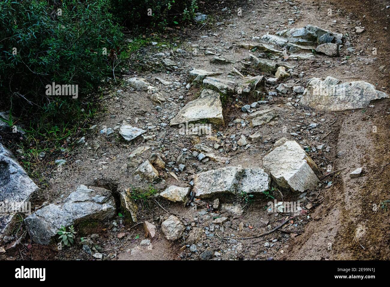 De grandes pierres au milieu d'un sentier de randonnée Parc de la Serralada Litoral Banque D'Images