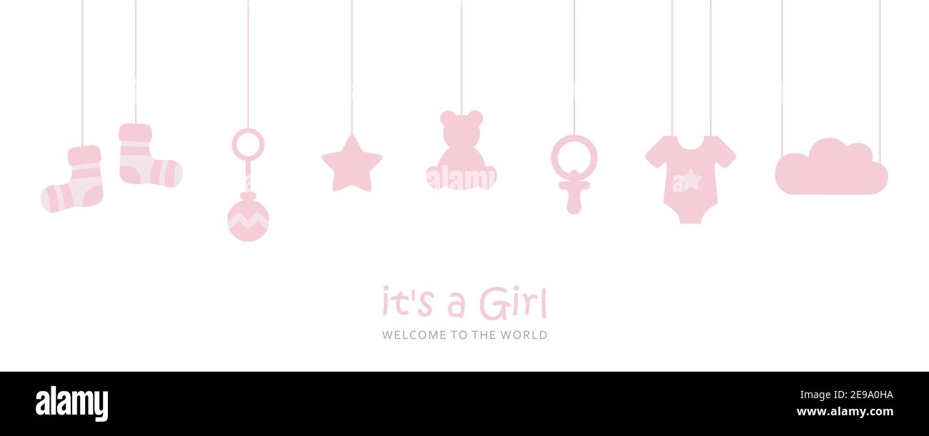 Sa carte de vœux de bienvenue pour fille pour l'accouchement avec des ustensiles de bébé suspendus illustration vectorielle EPS10 Illustration de Vecteur
