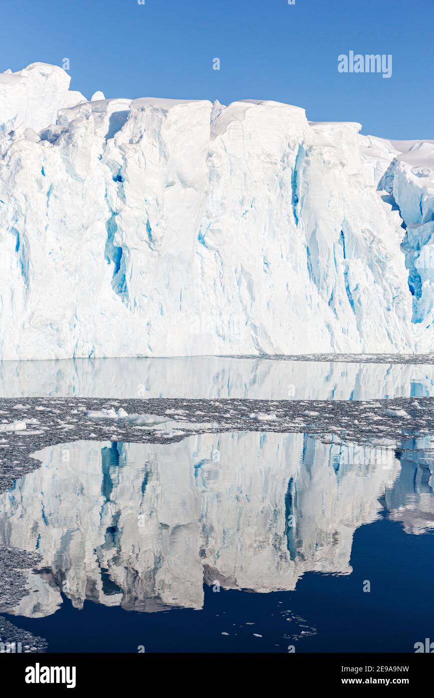 Glacier Tidewater et glace à briss dans la crique de Cierva, baie de Hughes, Antarctique. Banque D'Images