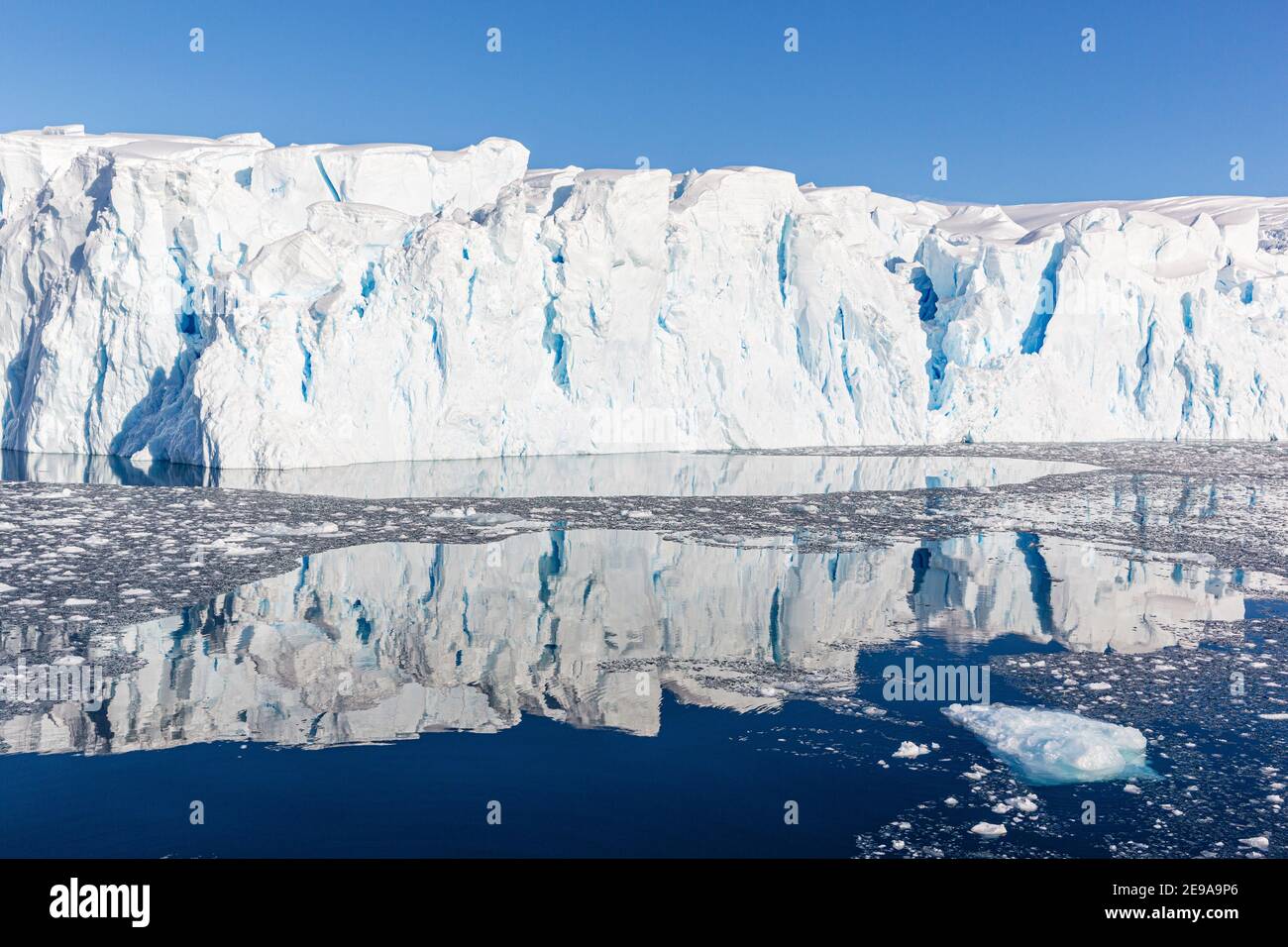 Glacier Tidewater et glace à briss dans la crique de Cierva, baie de Hughes, Antarctique. Banque D'Images