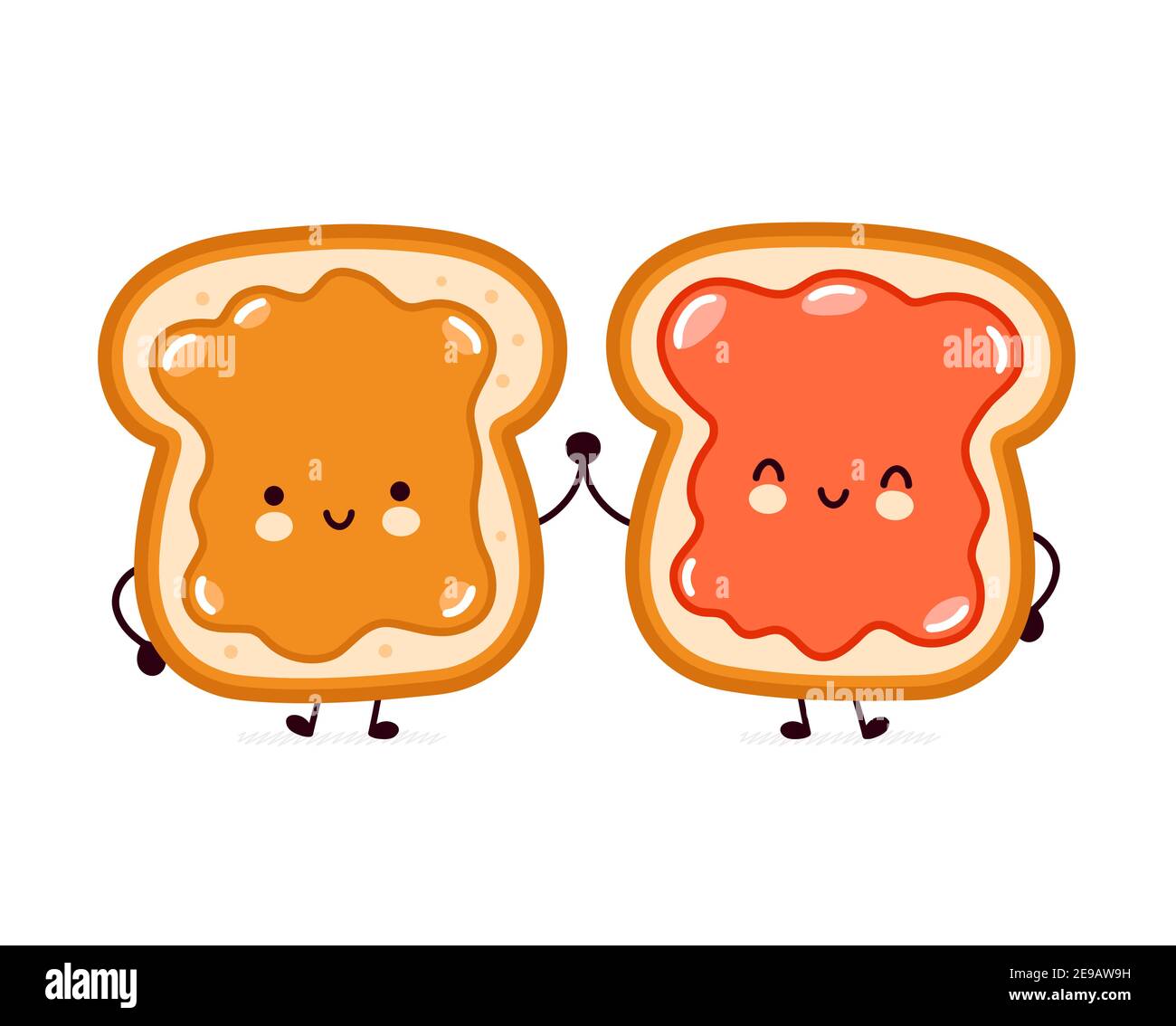 Joli pain grillé drôle avec beurre d'arachide et caractère de confiture. Icône d'illustration de personnage de dessin animé kawaii à lignes planes vectorielles. Isolé sur fond blanc. Toast avec personnage de visage mascotte concept Illustration de Vecteur