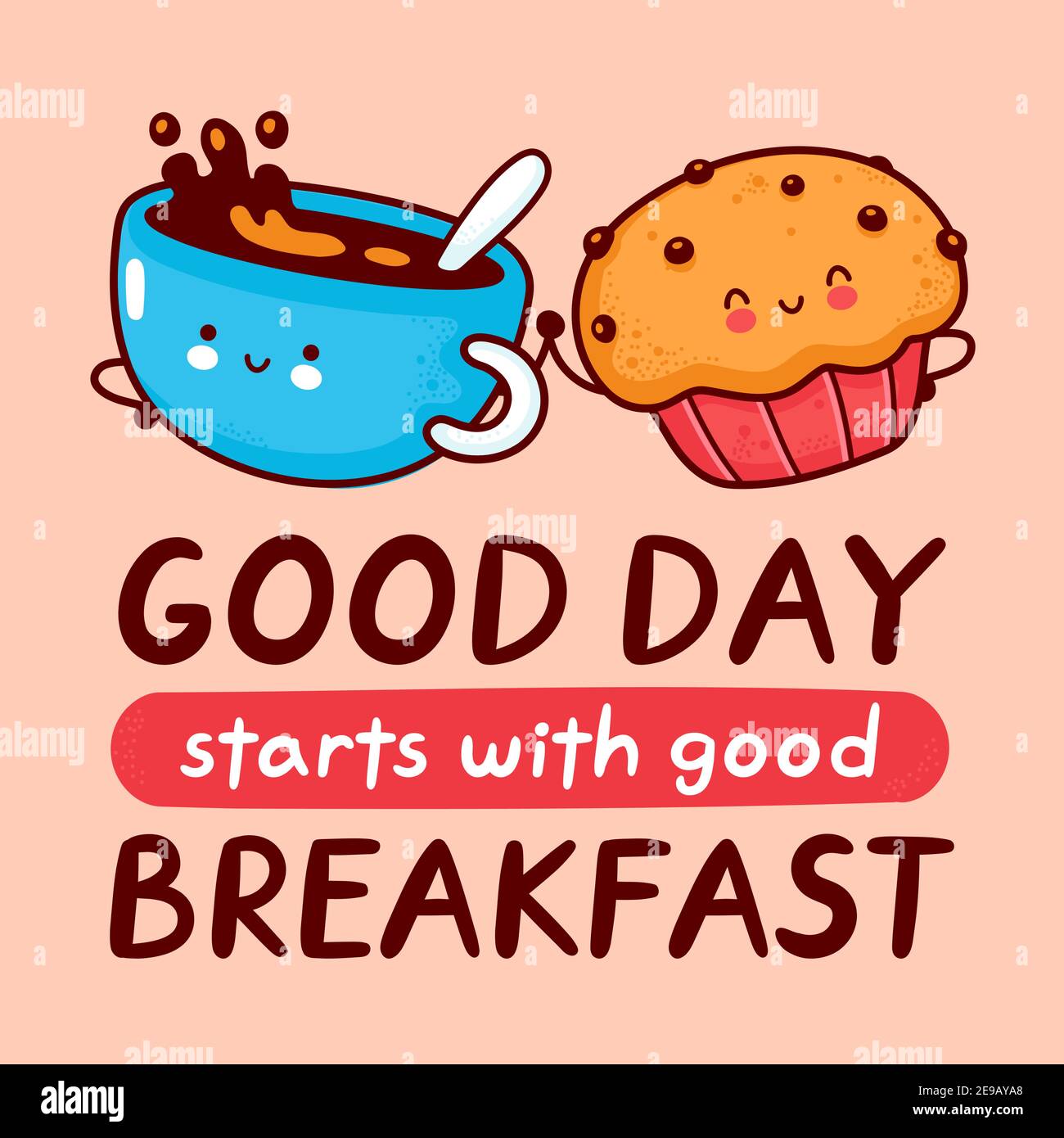 Tasse A Cafe Et Gateau Au Muffin Icone De Personnage De Dessin Anime Kawaii A Lignes Planes Vectorielles Illustration De Style Dessine A La Main La Bonne Journee Commence Par Un Bon