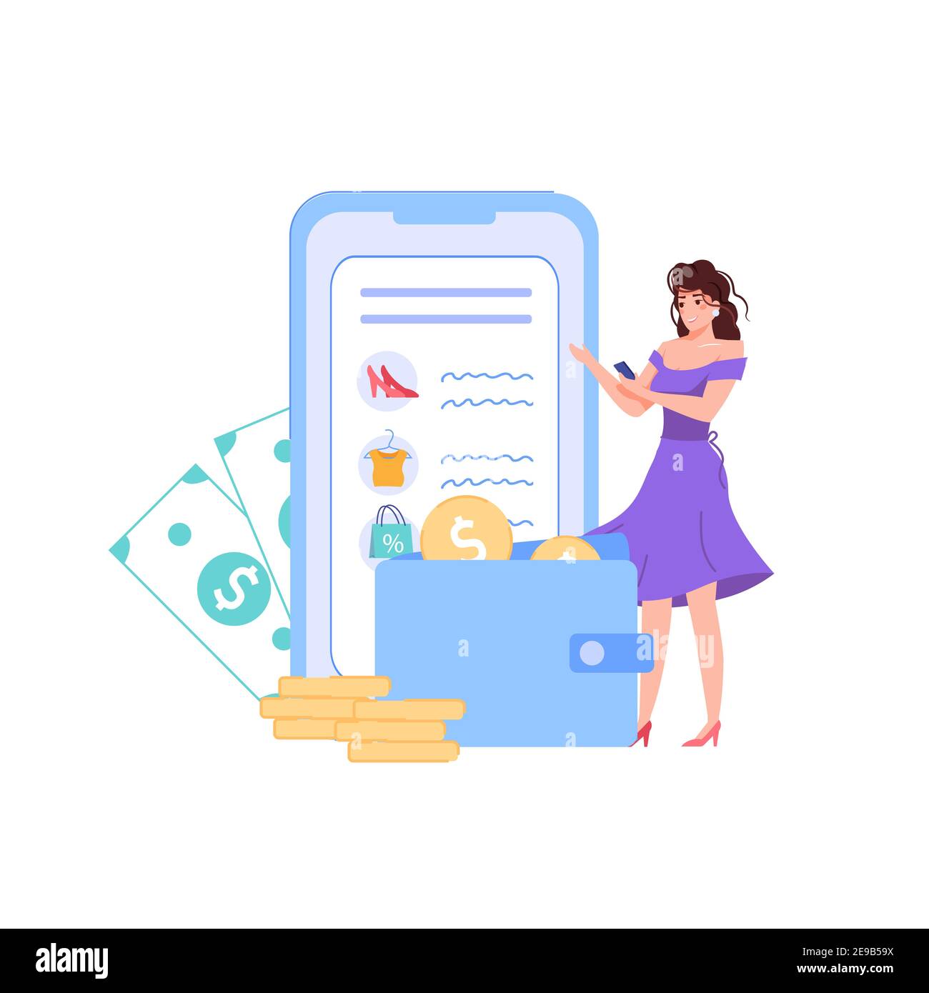 Flat caricature femme personnage budget personnel plan de gestion financière, illustration vectorielle concept Illustration de Vecteur