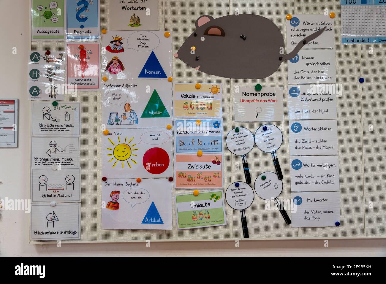 Tableau d'apprentissage dans une école primaire, grammaire, école moderne équipée, nouveau bâtiment, vide, pendant le confinement en janvier 2021, les élèves apprennent surtout à Banque D'Images