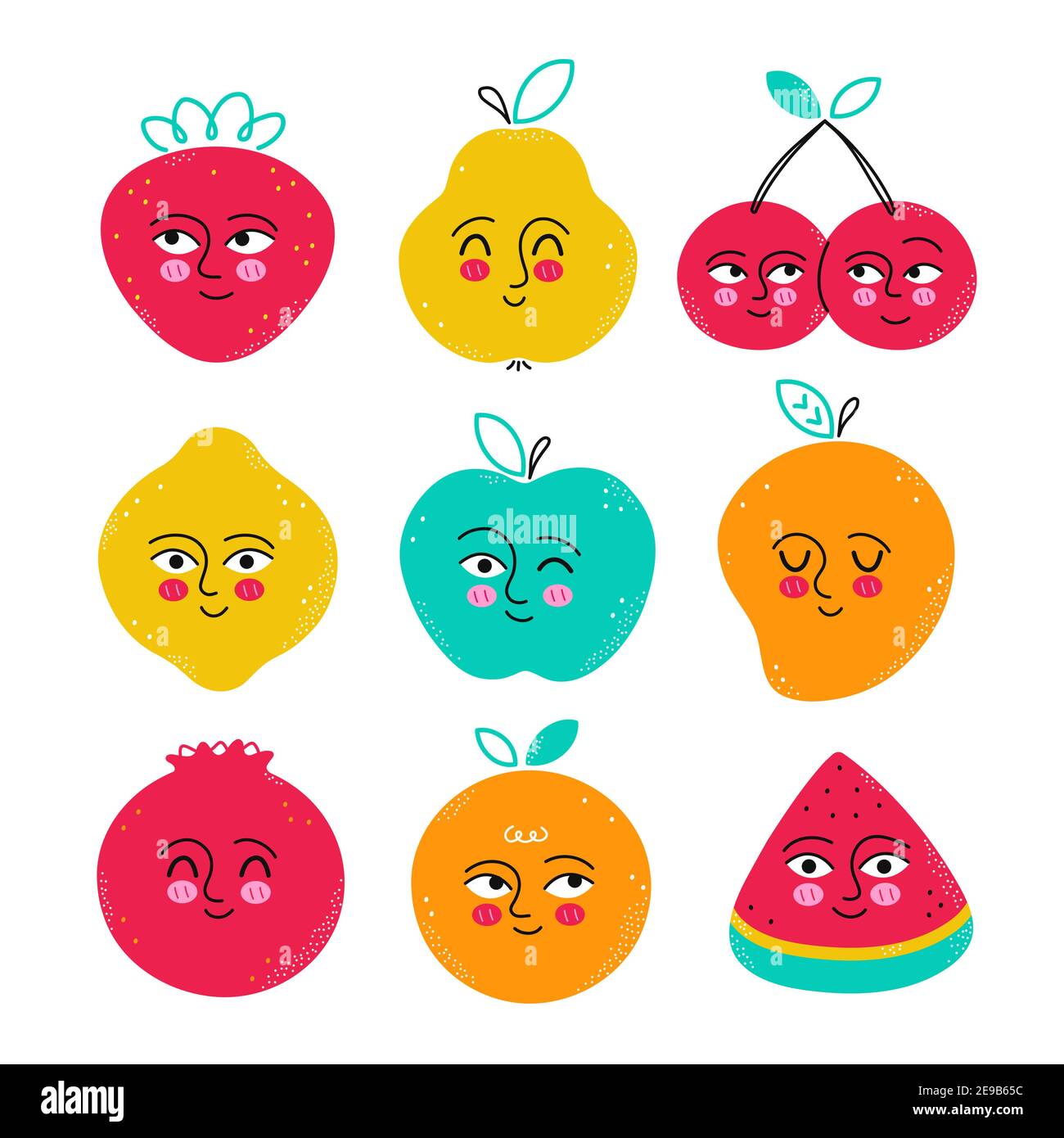 Ensemble de personnages de fruits amusants et mignons. Icône d'illustration dessinée à la main représentant un dessin animé à plat vectoriel kawaii. Isolé sur fond blanc. Fraise,grenade,poire,cerise,citron,pastèque,orange,mangue,pomme Illustration de Vecteur