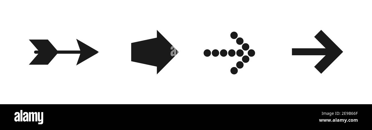 jeu de flèches noires de droite. Icône plate isolée sur blanc. Icône Continuer. Ensuite, appuyez sur le bouton entrée, glisser, faire défiler. Flèche est. Style géométrique Illustration de Vecteur