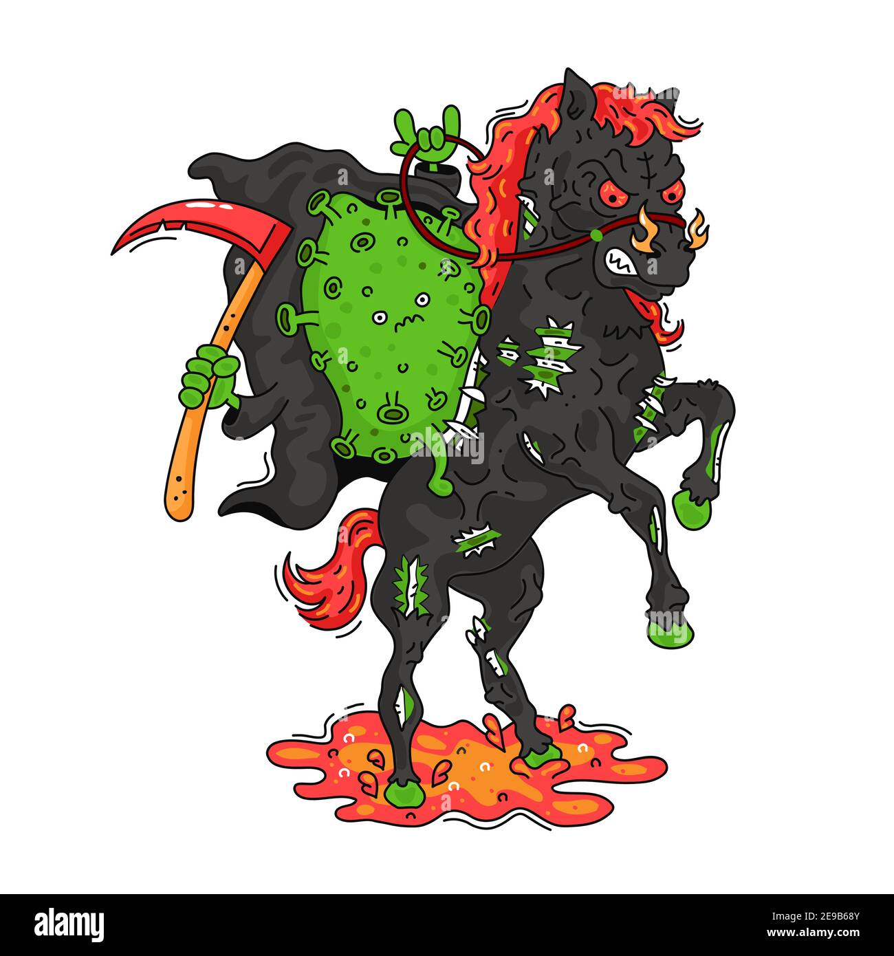 Drôles de virus corona en colère sur le cheval d'enfer. Icône d'illustration de caractère de dessin animé de ligne vectorielle. Isolé sur fond blanc. Coronavirus, covid-19 concept Illustration de Vecteur