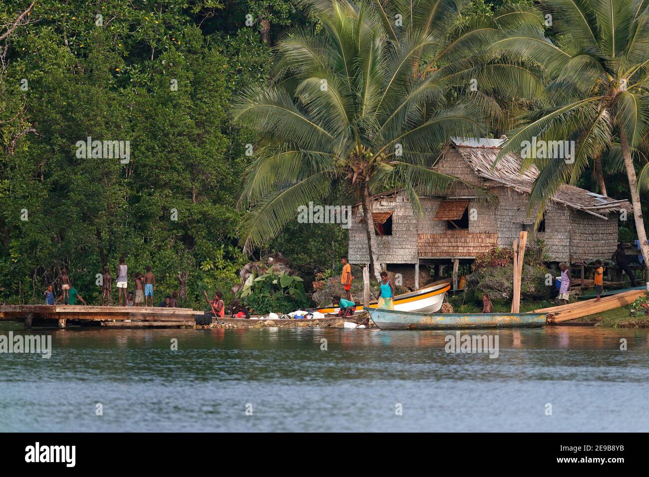 Maisons au bord de l'eau, palmiers et gens, sur un front de mer abrité de l'île Kolombangara, détroit de Blackett, îles Salomon 29th janv. 2017 Banque D'Images