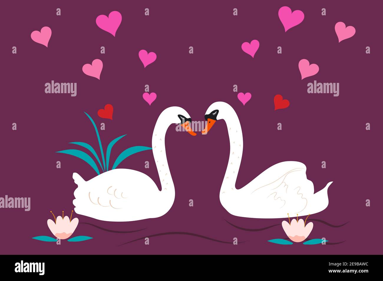 Couple de cygnes amoureux nagent dans le lac et de petits coeurs volent autour sur fond violet. Concept de vacances de Saint-Valentin. Illustration vectorielle plate Illustration de Vecteur