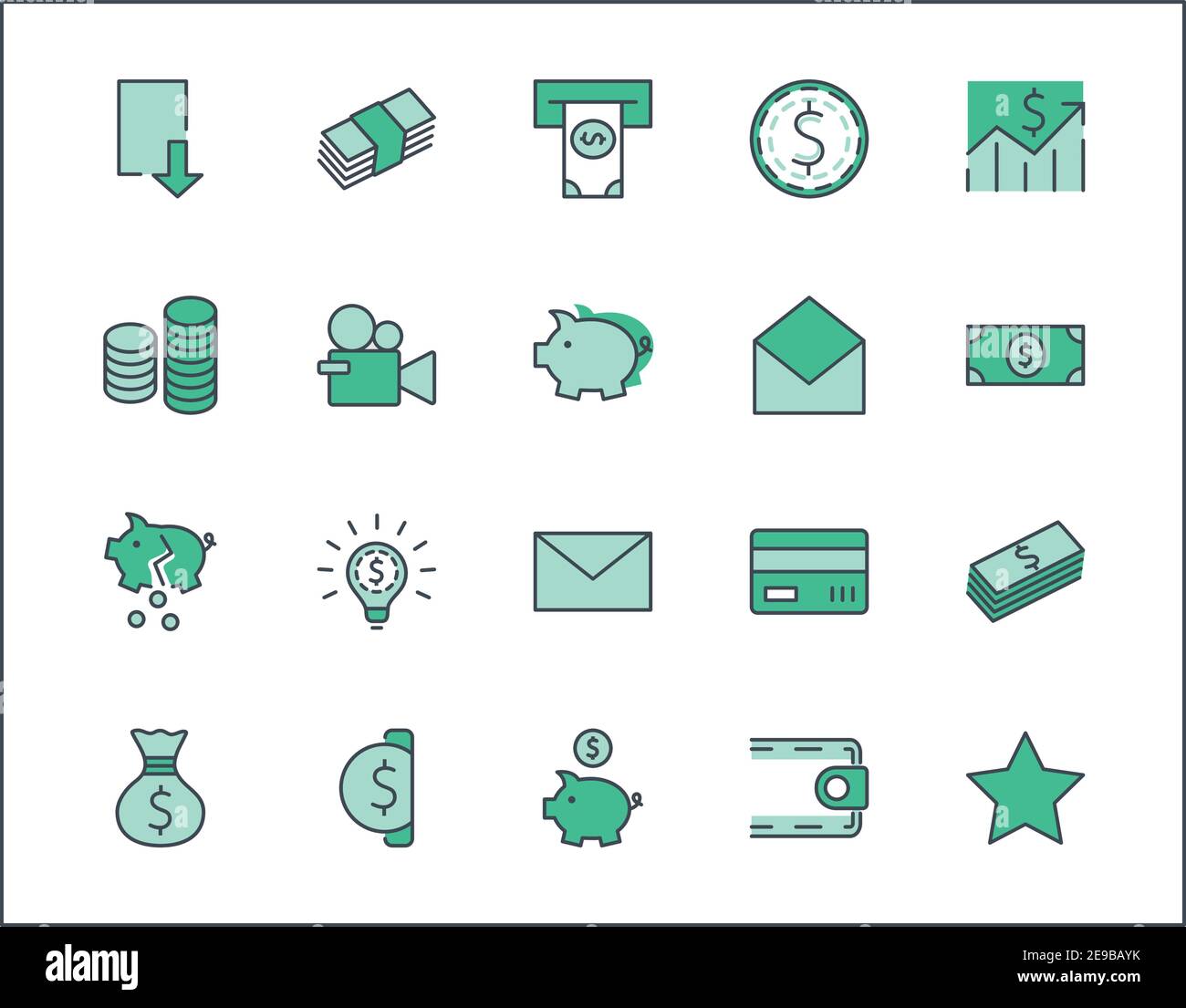 Ensemble D'Icônes De Ligne Vectorielle Liées À L'Argent. Contient des icônes telles que Money Bag, Piggy Bank sous la forme d'un Pig, Wallet, ATM, Bundle of Money, Main avec un Illustration de Vecteur