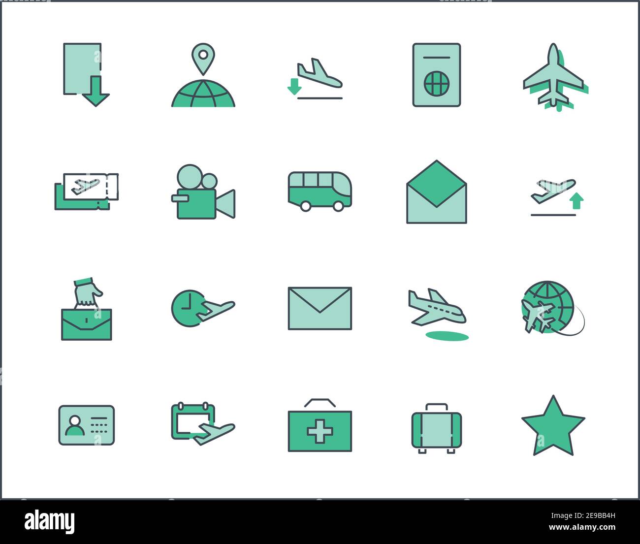Ensemble D'Icônes De Ligne Vectorielle Liées À Airport. Contient des icônes telles que Globe, Departure, avion, bus, billets, réclamation de bagages, Calendrier, Kit et plus encore Illustration de Vecteur