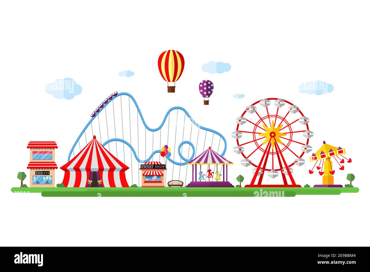 Parc d'attractions avec montagnes russes et attractions de cirque.Parc d'attractions et paysage de carnaval.Illustration isolée de vecteur de festival « Ferris Wheel » et « Merry-Go-round » Illustration de Vecteur
