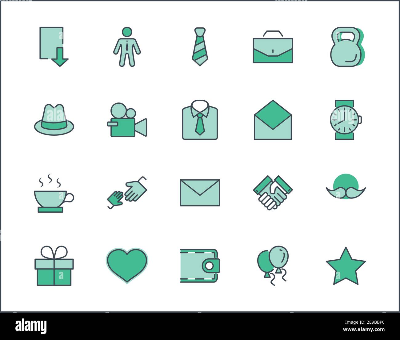 Icônes Vectorielles De L'Ensemble De Lignes De La Journée Du Père. Contient des icônes telles que la moustache, la cravate, la chemise, la poignée de main, le diplomate, le chapeau, le café, le sac à main, le cadeau, le portefeuille et plus encore. Ed Illustration de Vecteur