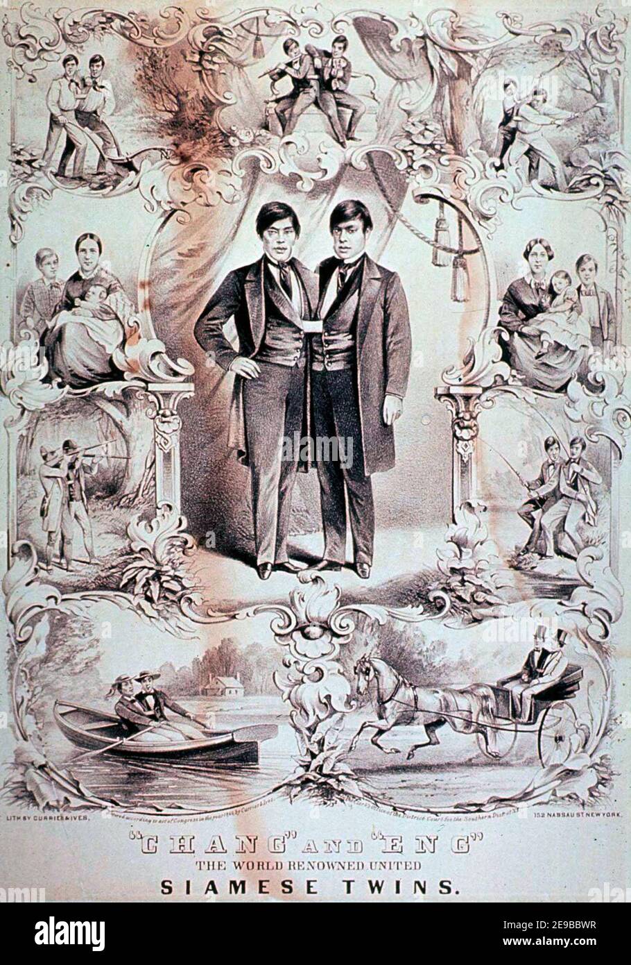 Lithographie de Currier et Ives en date de 1860, qui dépeint « les Twins siamois Unis de renommée mondiale » Chang et Eng Bunker. La frontière montre que Chang et Eng s'occupent de diverses activités, comme la chasse, la pêche et l'agriculture. Leurs femmes et leurs enfants sont montrés à chacun de leurs côtés. Banque D'Images