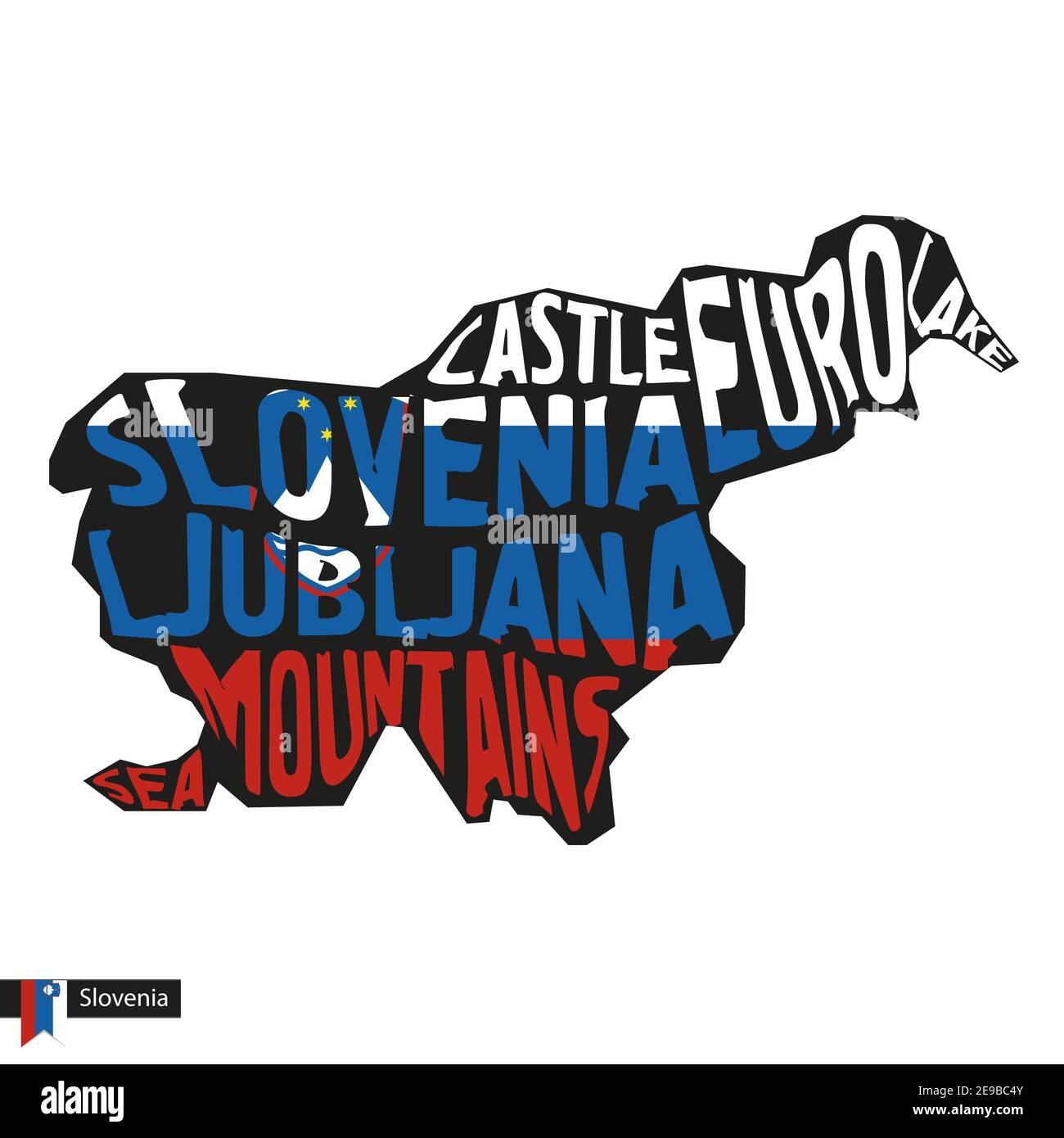 La silhouette de la Slovénie sur une carte typographique est en noir et en couleurs de drapeau. Illustration vectorielle. Illustration de Vecteur