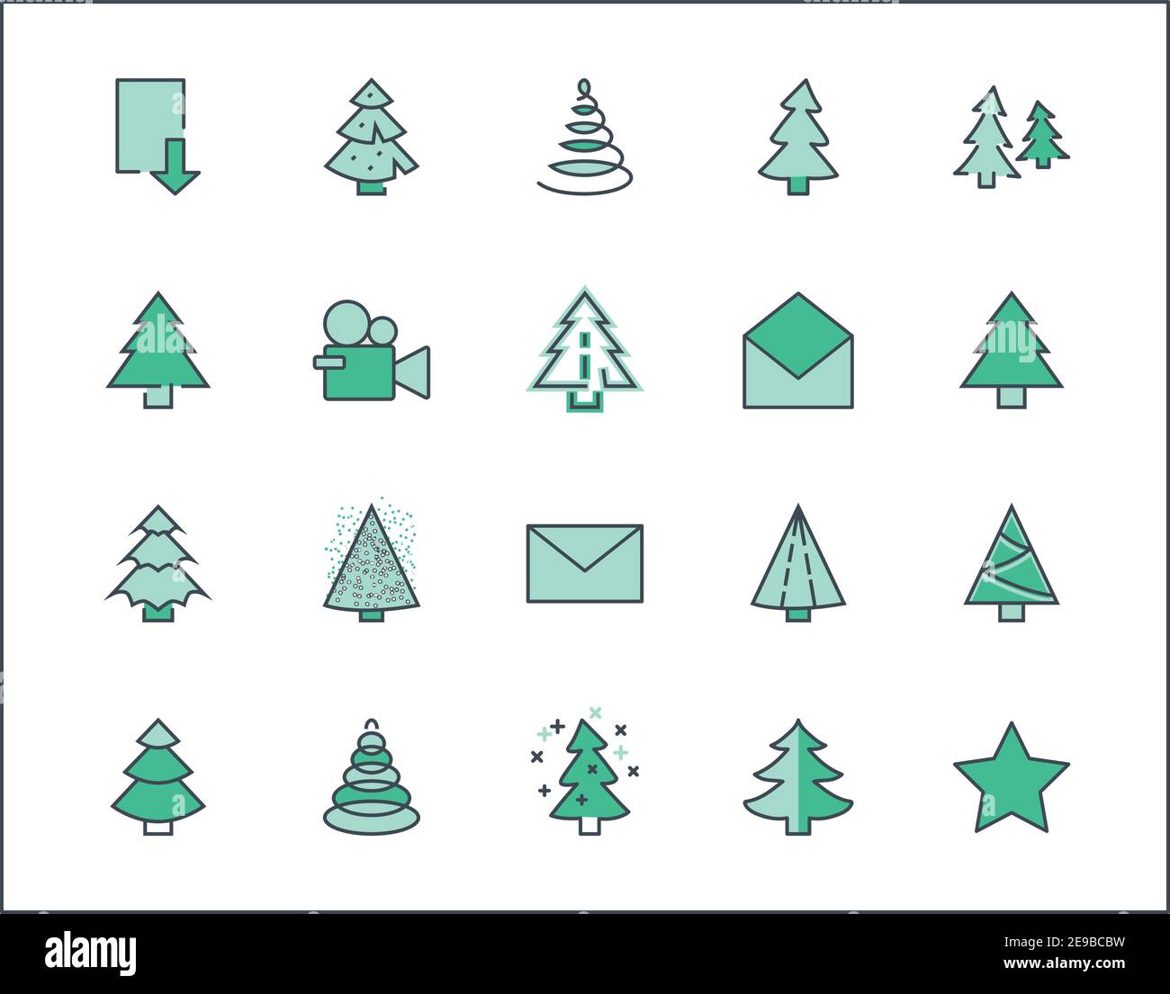 Ensemble d'icônes à lignes fines de sapin de Noël. Icônes linéaires stylisées de neige artificielle, d'épinette, de sapin de boîte. Contour modifiable. 32x32 Pixel Perfect. Illustration de Vecteur