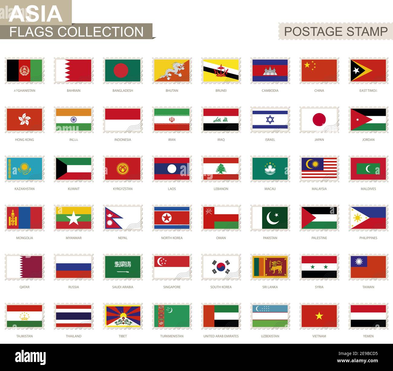 Timbre-poste avec drapeaux asiatiques. Ensemble de 48 drapeaux asiatiques. Illustration vectorielle. Illustration de Vecteur