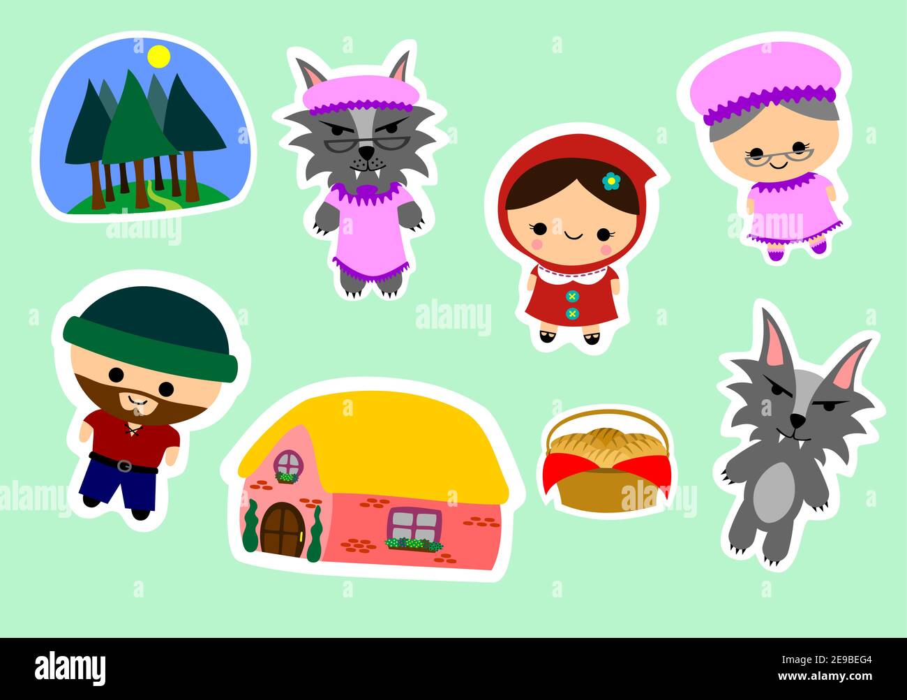 Modèle d'autocollant - petits personnages de cagoule rouge, maison de grand-mère, forêt et panier. Illustration de Vecteur