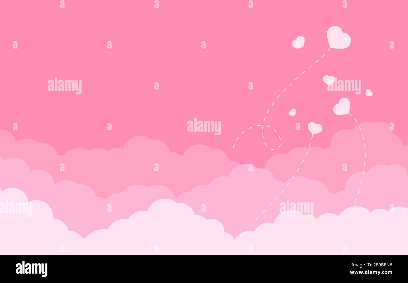 Nuages roses avec coeurs volants paysage arrière-plan pour la Saint Valentin. Bordure de style ciel rose plate et effet superposé. Panorama romantique avec place pour le texte pour la bannière, l'affiche. Illustration vectorielle Illustration de Vecteur