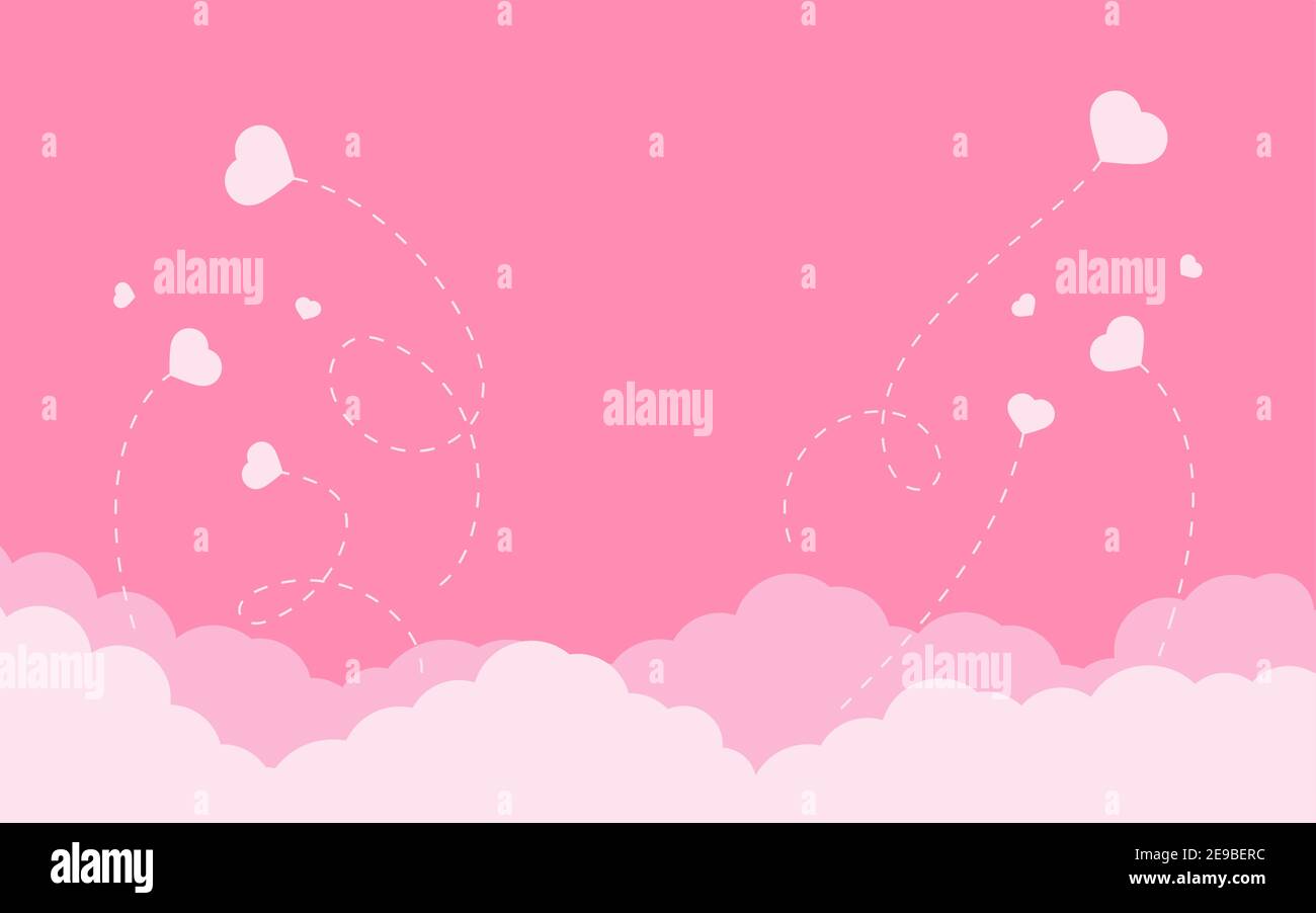 Nuages roses avec coeurs volants dessin animé plat. Arrière-plan pour la Saint-Valentin avec emplacement pour le texte. Ciel rose nuageux, effet superposé scène ciel. J'adore le panorama romantique pour la flyer. Illustration vectorielle Illustration de Vecteur