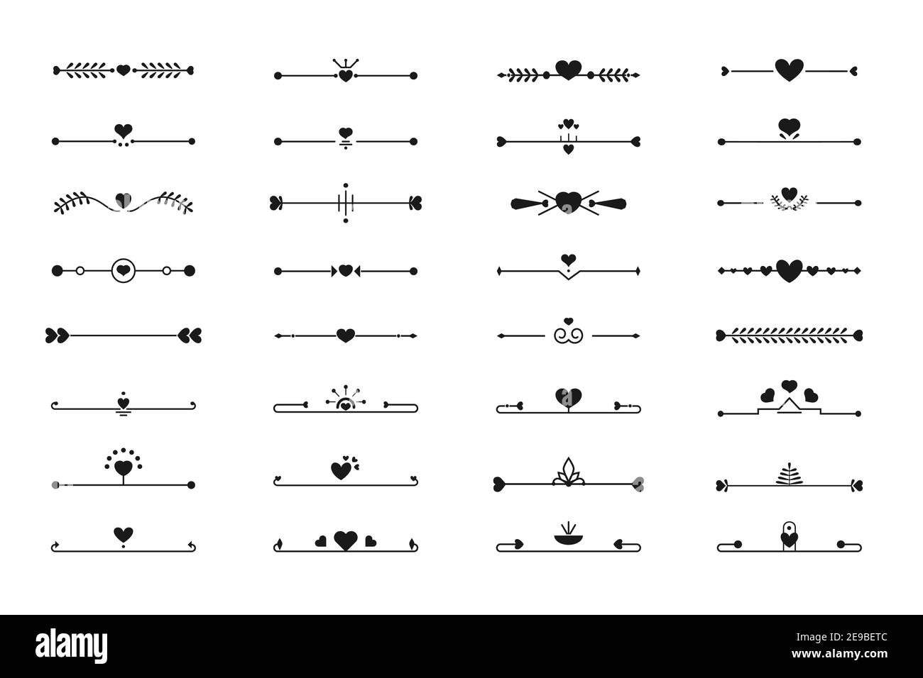 Séparateur de coeur avec bordure noire. Élément décoratif graphique pour la page de livre de design, texte carte d'invitation de mariage, certificat décor élégant pour la Saint-Valentin isolé sur illustration vectorielle blanche Illustration de Vecteur