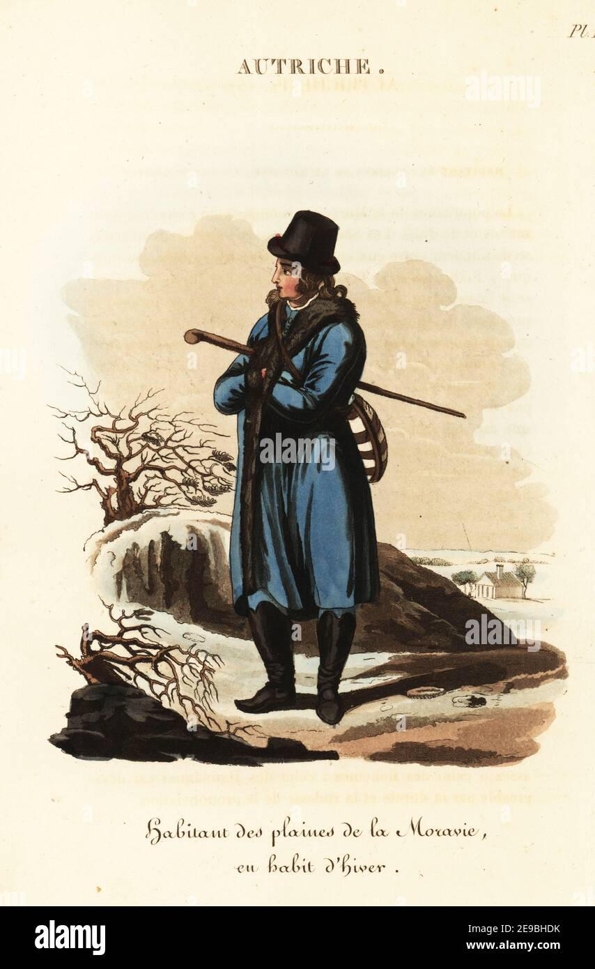 Homme morave en garbe d hiver Republique tcheque XVIIIe siecle. Il porte un chapeau de style anglais un manteau bleu double de fourrure des demi bottes hongroises. Homme des plaines de Moravie en robe