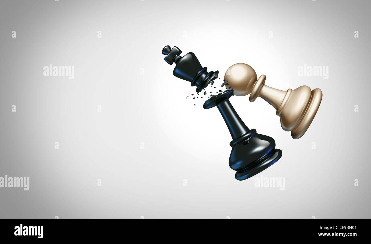 CheckMate concept et la décision stratégique de réussite d'affaires idée de gagner comme dans le jeu d'échecs avec un pion battant un roi comme un leadership. Banque D'Images