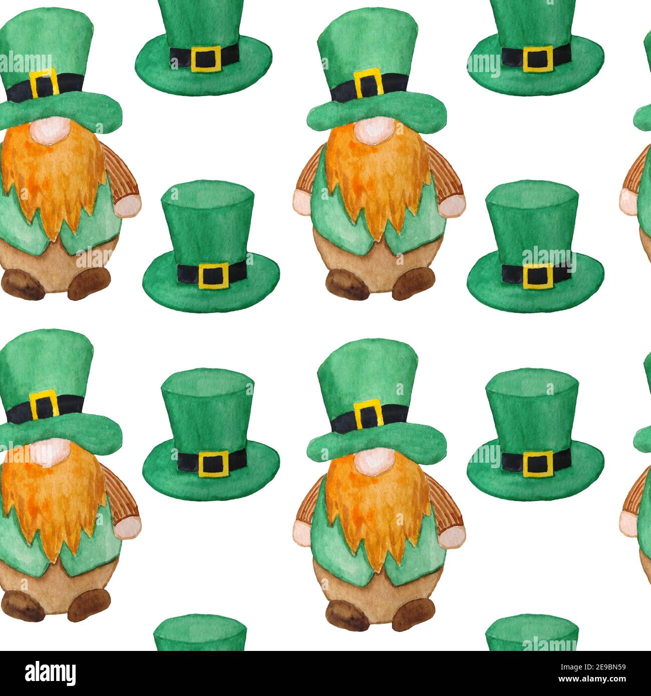 Motif aquarelle sans couture dessiné à la main avec éléments du défilé de Saint Patrick, gnomes irlandais nains les ligueux en chapeaux vert émeraude. Fond de trèfle chanceux, tradition celtique magique, symboles de succès. Banque D'Images