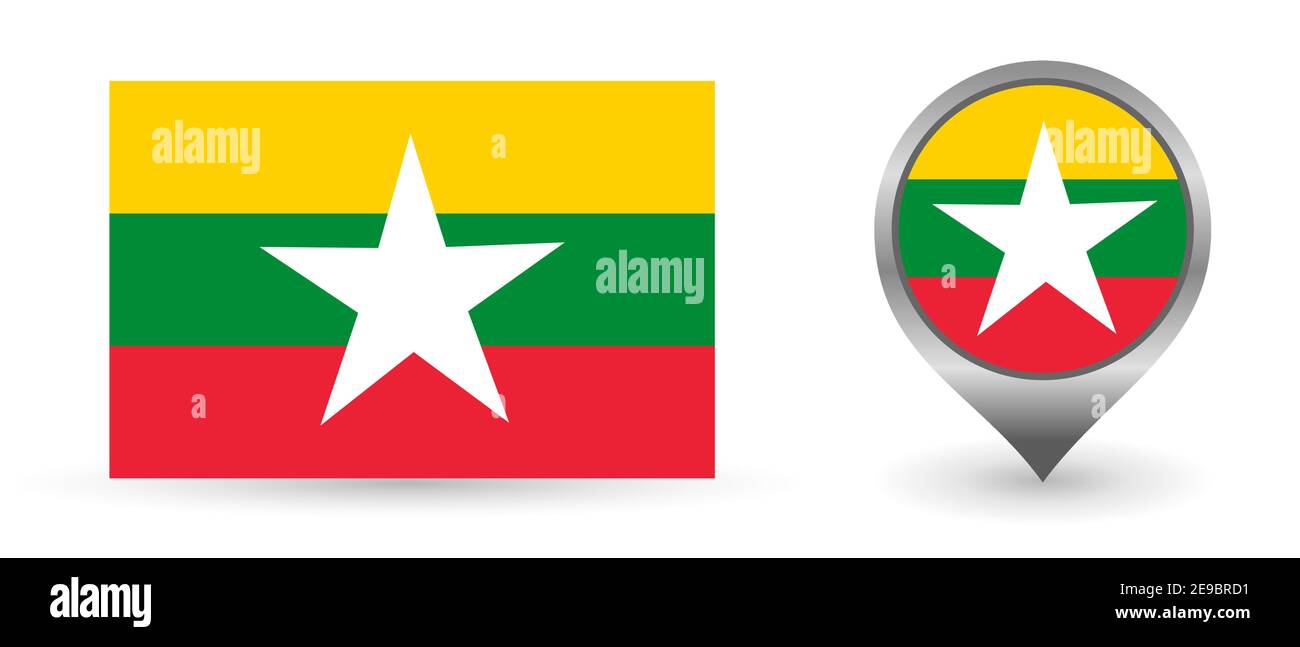 Drapeau vectoriel Myanmar. Point d'emplacement avec drapeau Myanmar à l'intérieur. Symbole de couleur isolé sur fond blanc. Illustration de Vecteur