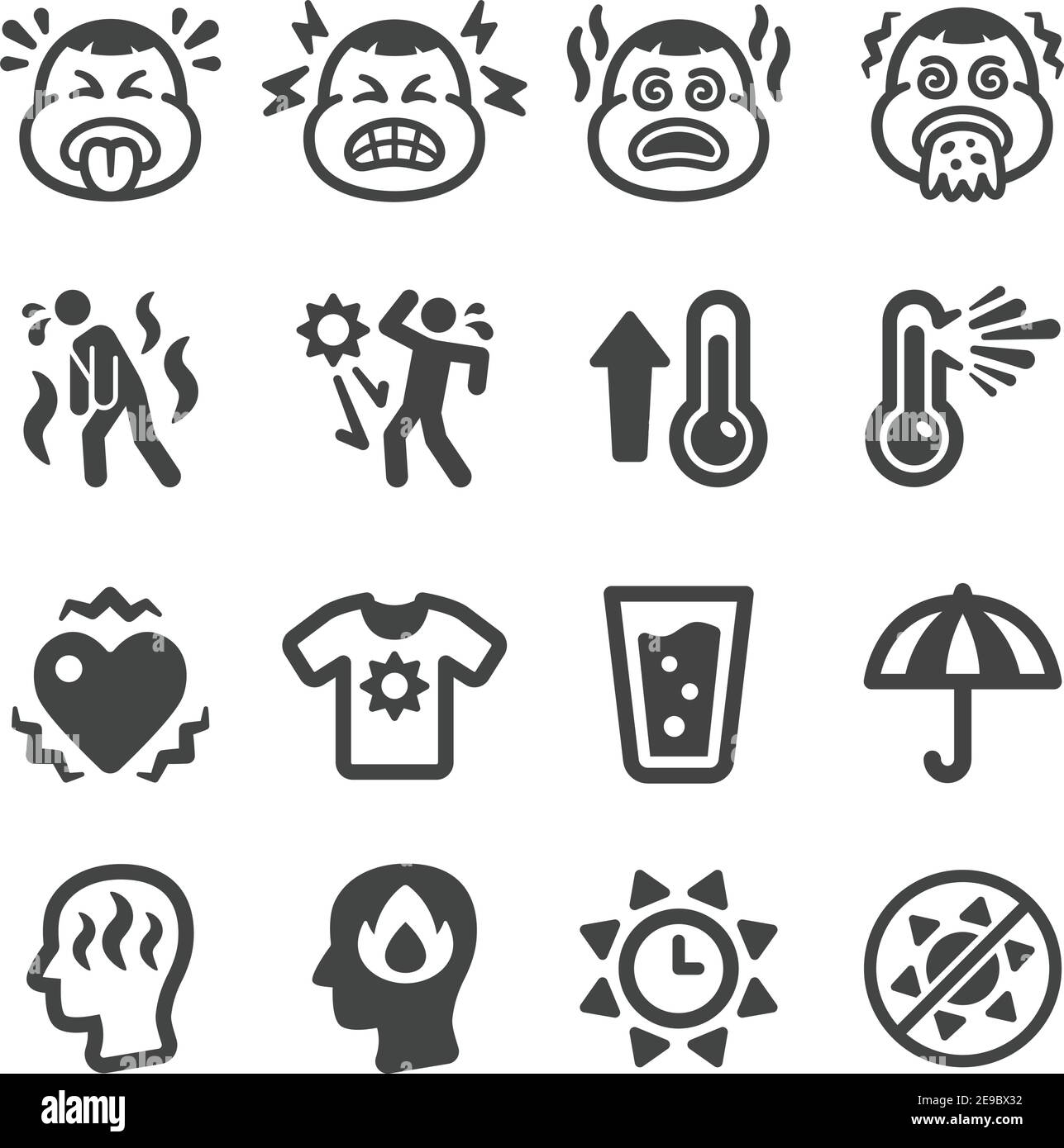 jeu d'icônes de prévention et de symptôme de coup de chaleur, vecteur et illustration Illustration de Vecteur