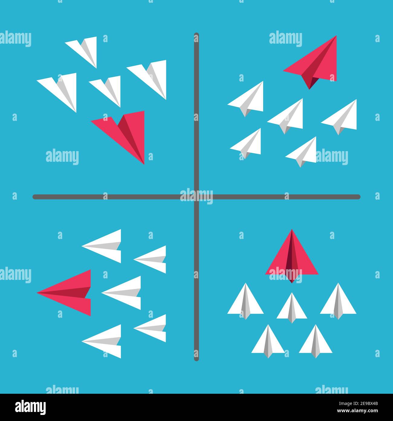 avion en papier rouge et blanc volant de la même manière, affaires et concept de leadership, illustration conceptuelle du plan papier et ensemble de vecteurs Illustration de Vecteur