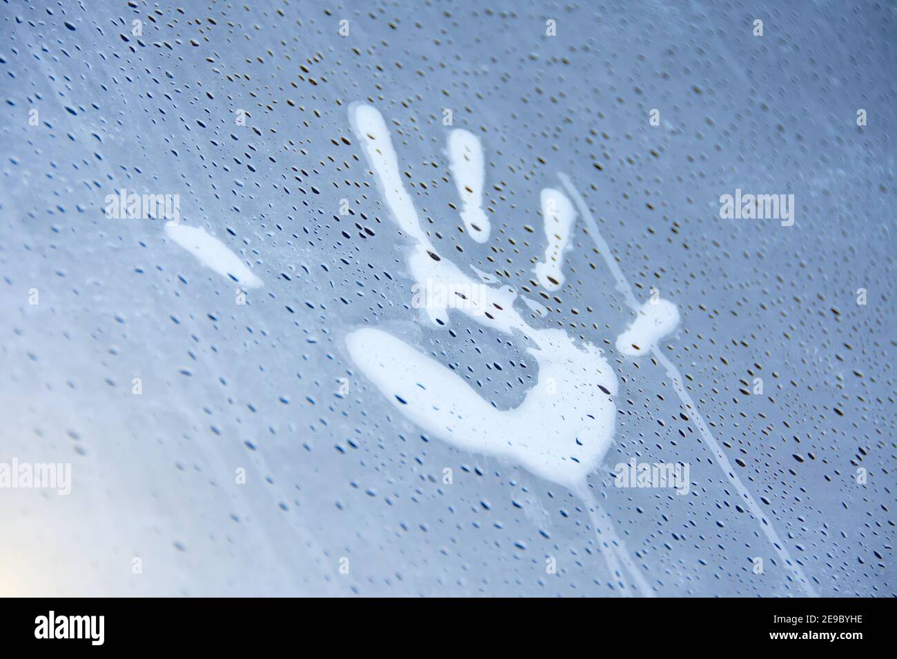 Imprimé palmier sur verre embué avec gouttes d'eau coulant vers le bas Banque D'Images