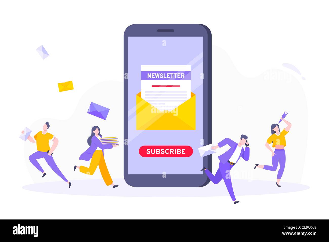 Abonnez-vous dès maintenant à notre newsletter Vector Illustration avec de minuscules personnes travaillant avec un smartphone, une enveloppe et une newsletter. Abonnement aux actualités par e-mail ou par e-mail Illustration de Vecteur