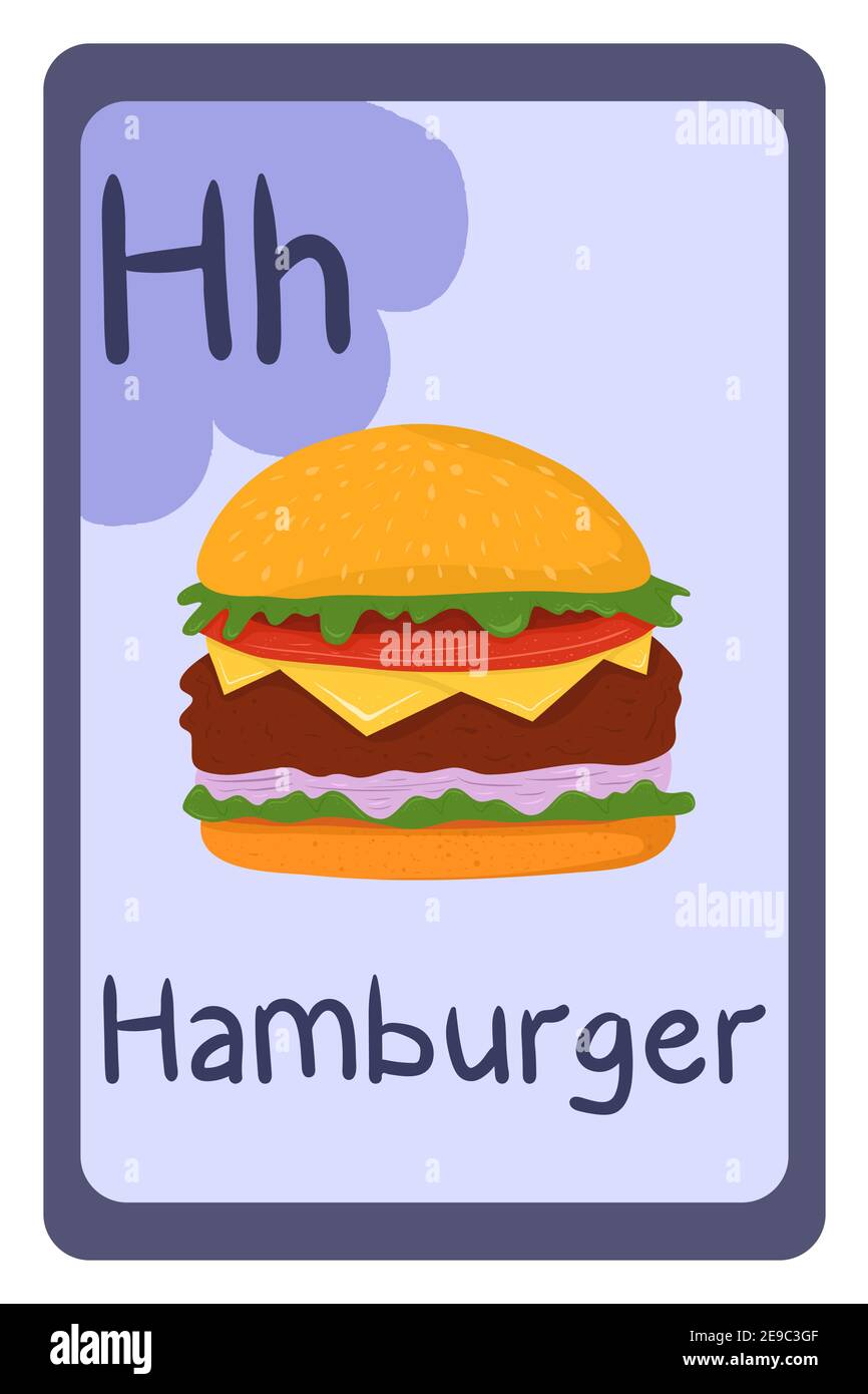 Carte flash ABC pour l'éducation alimentaire, lettre H - hamburger. Modèle de dessin animé avec carte d'éducation à alphabet coloré. Illustration de Vecteur