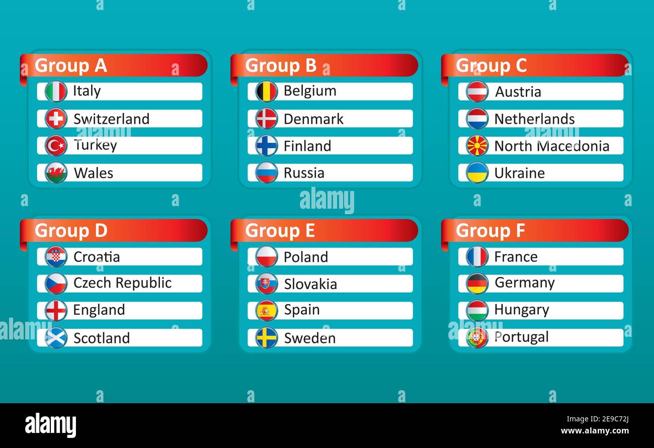 Championnat européen de football EURO 2020 2021 groupes vecteur. Groupes de tournois européens de football. Drapeau du pays Vector pour le championnat de football. Illustration de Vecteur