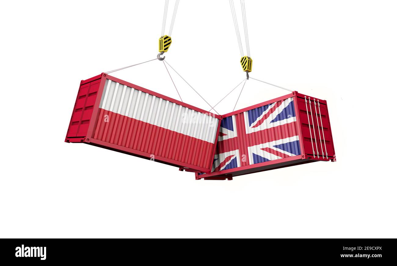 Accord commercial du Royaume-Uni et de l'indonésie. Collision avec des conteneurs de marchandises. Rendu 3D Banque D'Images