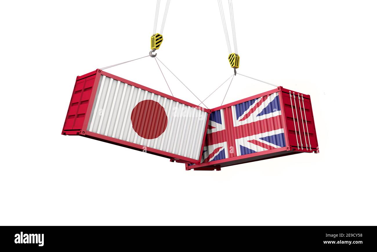 Accord commercial du Royaume-Uni et du japon. Collision avec des conteneurs de marchandises. Rendu 3D Banque D'Images