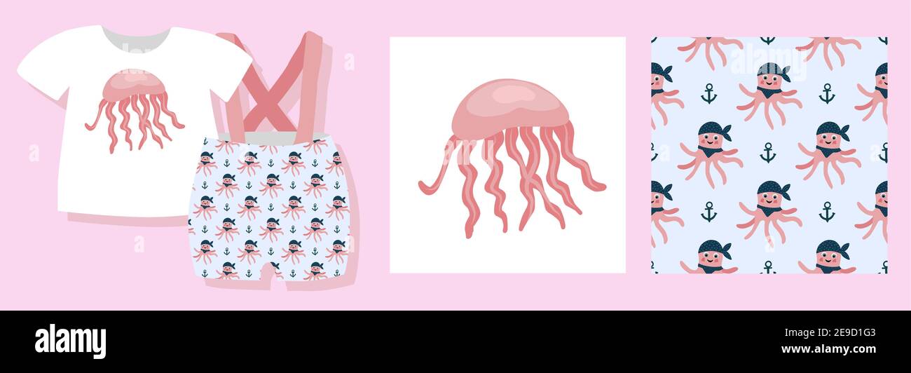Un imprimé amusant pour les vêtements de bébé. Joli motif avec l'océan. Motif T-shirt. Illustration vectorielle. Kit de conception textile prêt à l'emploi. Motifs sans couture. Ma Illustration de Vecteur