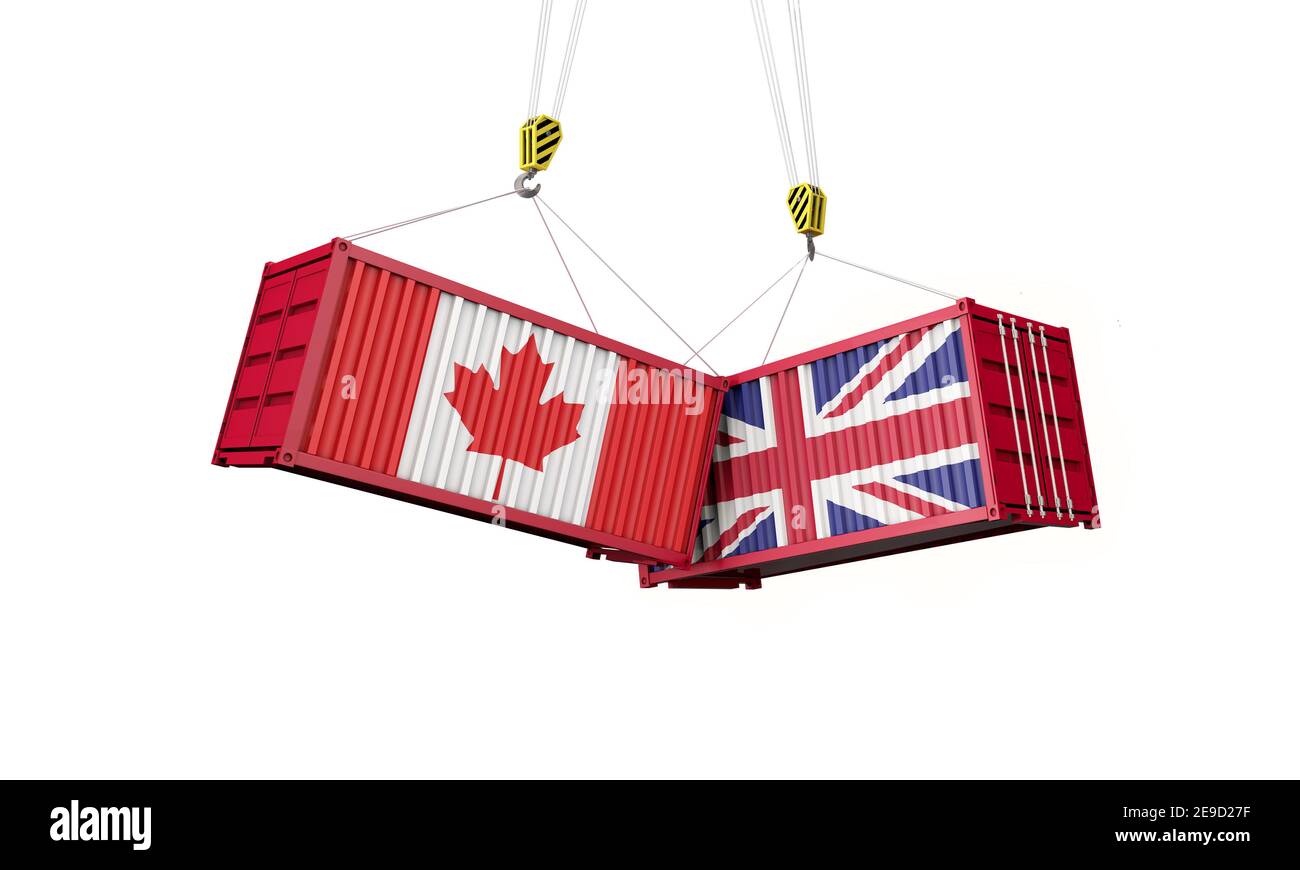 Accord commercial du Royaume-Uni et du canada. Collision avec des conteneurs de marchandises. Rendu 3D Banque D'Images