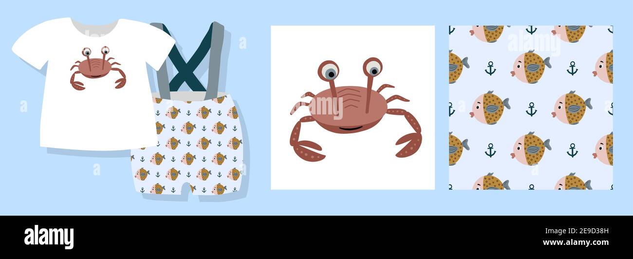 Un imprimé amusant pour les vêtements de bébé. Joli motif de poissons. Motif T-shirt. Illustration vectorielle. Kit de conception textile prêt à l'emploi. Motifs sans couture. Marin Illustration de Vecteur