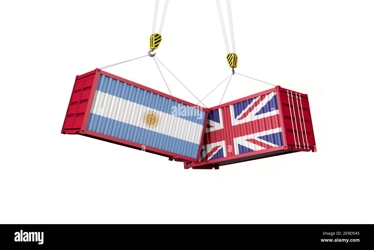 Accord commercial du Royaume-Uni et de l'argentine. Collision avec des conteneurs de marchandises. Rendu 3D Banque D'Images