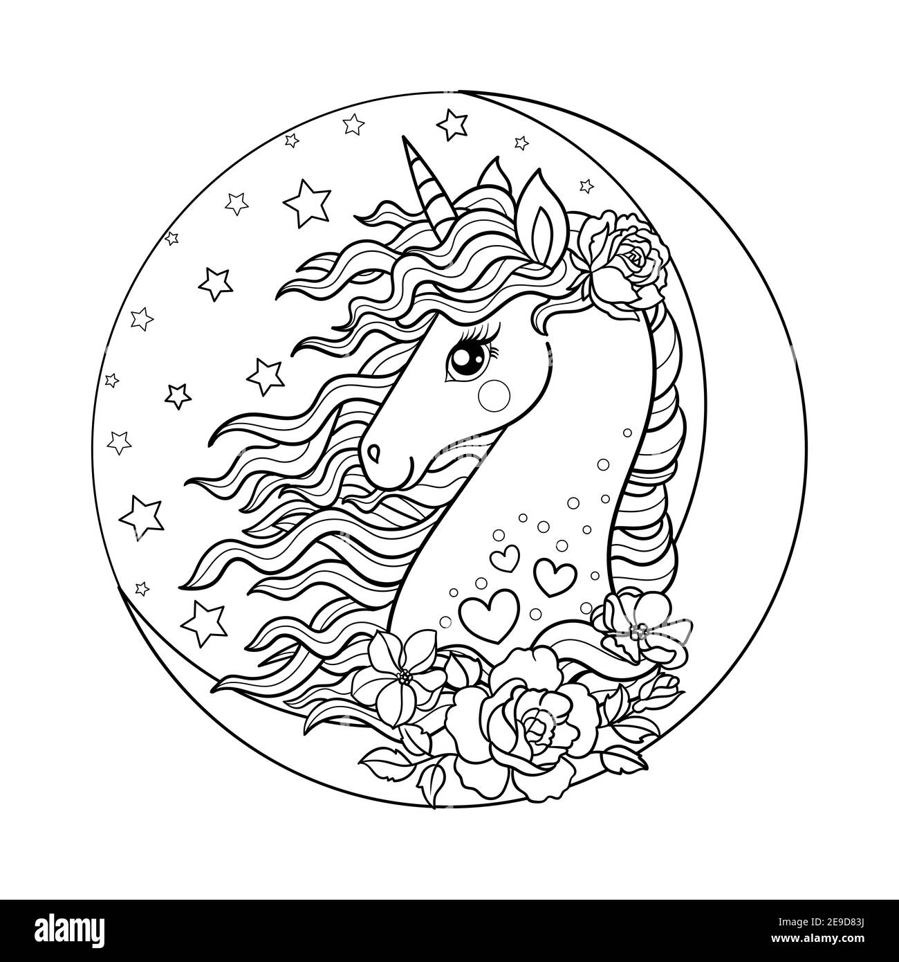 Belle licorne avec fleurs et lune. Image en noir et blanc à colorier. Vecteur Illustration de Vecteur