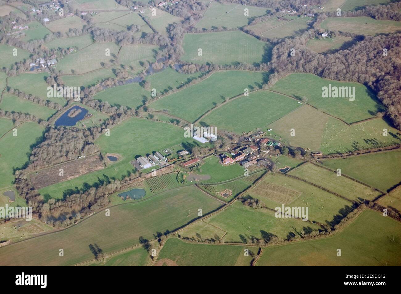 Vue aérienne des terres agricoles près du village de Capel, West Sussex. Banque D'Images