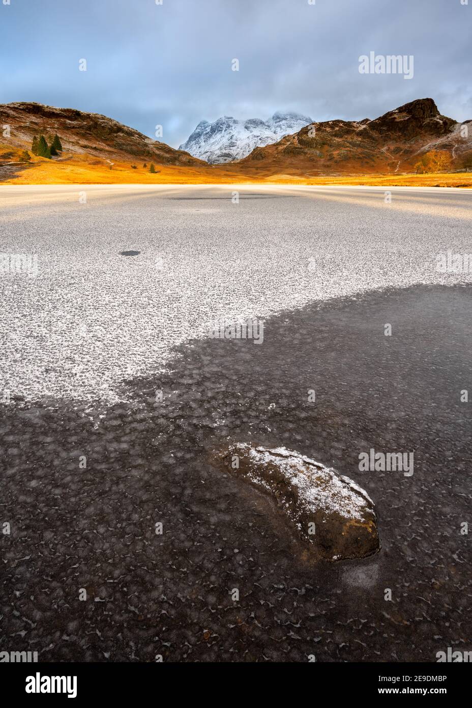 Les Pikes de Langdale enneigés vus d'un Tarn de Blea gelé avec lumière dorée du matin. Lake District, Royaume-Uni. Banque D'Images